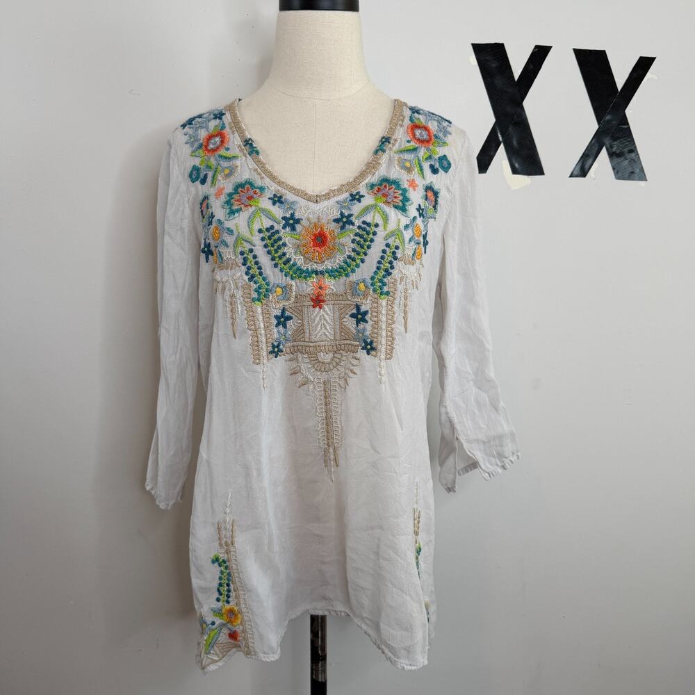 Johnny Was Embroidered Sheer Tunic Top White Boho Hand-Embroidered S